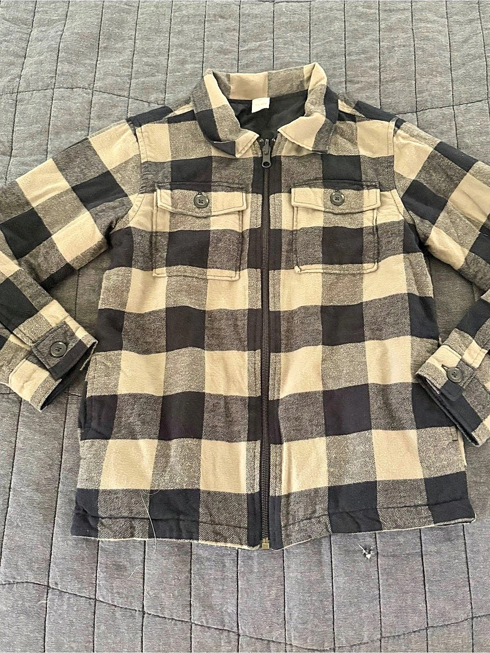 OshKosh B'gosh Boys Blue/Grey Plaid Quilted Flannel Fall Zip Shirt Jacket; 10